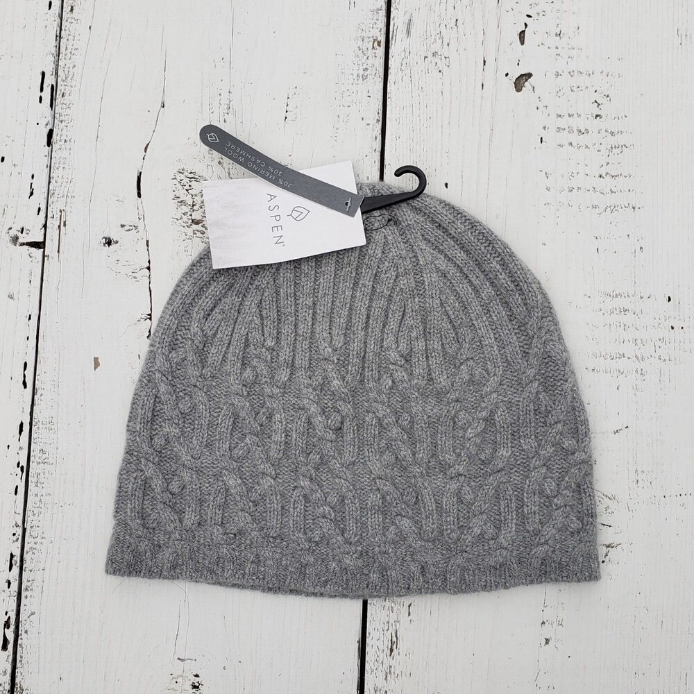 Aspen Gray Women's Wool, Cashmere Beanie Hat With Ribbed Accents One Size NWT